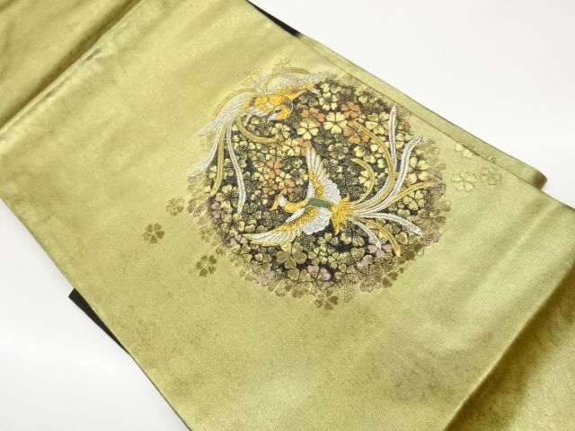 高島織物製　青銅箔丸文に鳳凰・桜尽くし模様織出し名古屋帯